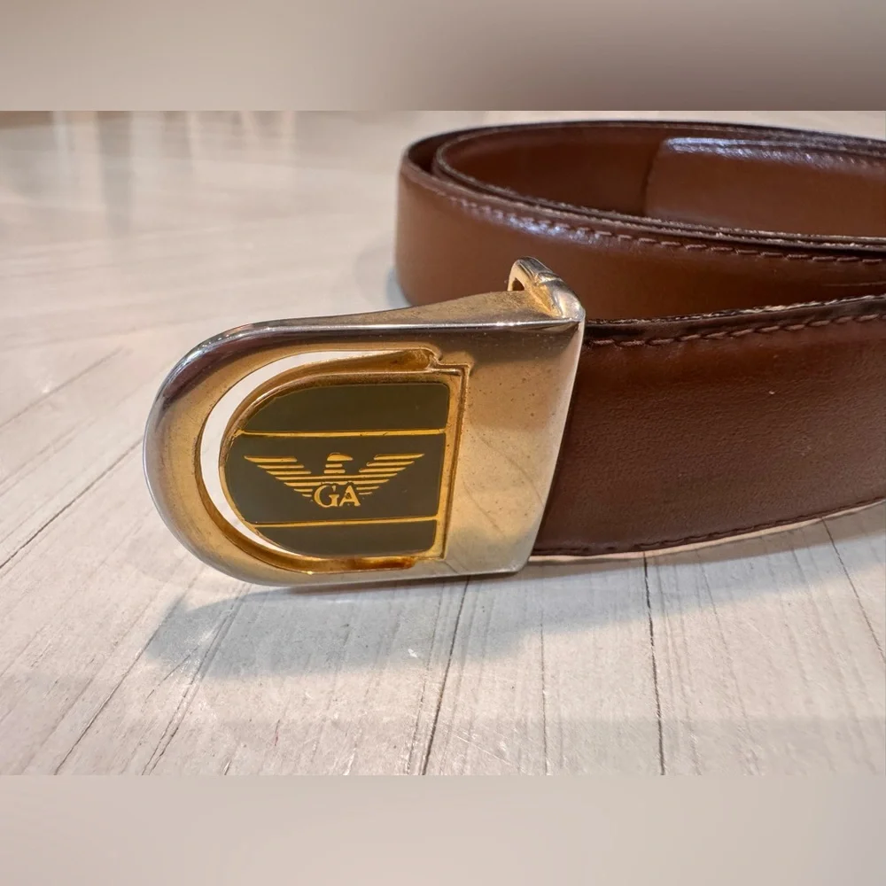 Vintage Giorgio Armani Brown Leather Belt Gold GA Eagle Buckle - Made in Italy